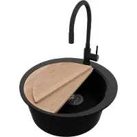 PrimaGran Granitspüle Schwarz 53x53cm, Spülbecken Rund 1 Becken + Ablauf-Set + Küchenzubehörset, Küchenspüle ab 50er Unterschrank - Pisa Max