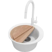PrimaGran Granitspüle Weiß 50x50cm, Spülbecken Rund 1 Becken + Küchenarmatur 40x20cm + Ablauf-Set + Schneidebrett, Küchenspüle ab 45er Unterschrank - Pisa