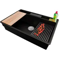 PrimaGran Spülbecken Schwarz Metallic 78x53cm, Granitspüle 1 Becken + Ablauf-Set + Küchenzubehörset, Küchenspüle ab 80er Unterschrank - New York