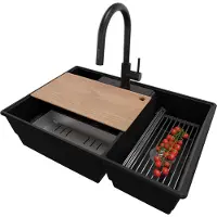 PrimaGran Granitspüle Schwarz 78x53cm, Spülbecken 2 Becken + Küchenarmatur 40x20cm + Ablauf-Set + Küchenzubehörset, Küchenspüle ab 80er Unterschrank - Paris
