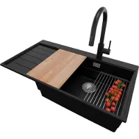 PrimaGran Granitspüle Schwarz 90x50cm, Spülbecken 1 Becken + Küchenarmatur 40x20cm + Ablauf-Set + Küchenzubehörset, Küchenspüle ab 60er Unterschrank - Sydney