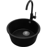 PrimaGran Granitspüle Schwarz 46x46cm, Spülbecken Rund 1 Becken + Küchenarmatur 32x20cm + Ablauf-Set, Küchenspüle ab 50er Unterschrank - Valletta Slim