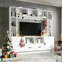 XTEILC TV Wohnwand-set mit Vitrine und Mediawand TV Wohnzimmermöbel-Set bis 60' 180*35*170cm Weiß