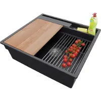 PrimaGran Spülbecken Anthrazit 58x53cm, Granitspüle 1 Becken + Ablauf-Set + Küchenzubehörset, Küchenspüle ab 60er Unterschrank - Oslo Pocket