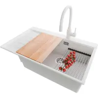 PrimaGran Granitspüle Weiß 78x50cm, Spülbecken 1 Becken + Küchenarmatur 38x14cm + Ablauf-Set + Küchenzubehörset, Küchenspüle ab 60er Unterschrank - Sydney