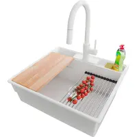 PrimaGran Granitspüle Weiß 58x53cm, Spülbecken 1 Becken + Küchenarmatur 40x20cm + Ablauf-Set + Küchenzubehörset, Küchenspüle ab 60er Unterschrank - New York