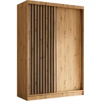ALTDECOR Kleiderschrank mit furnierten Schiebetüren, kugelgelagerte Führungsschienen und Aluminium-Leisten, LED-Beleuchtung (16 Farben) und Fernbedienung - LABELO - 150 cm - Braun / Schwarz