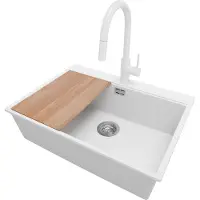 PrimaGran Granitspüle Weiß 68x50cm, Spülbecken 1 Becken + Küchenarmatur 40x20cm + Ablauf-Set + Schneidebrett, Küchenspüle ab 70er Unterschrank - Oslo