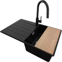 PrimaGran Granitspüle Schwarz 78x50cm, Spülbecken 1 Becken + Küchenarmatur 40x20cm + Ablauf-Set + Schneidebrett, Küchenspüle ab 45er Unterschrank - Kopenhagen