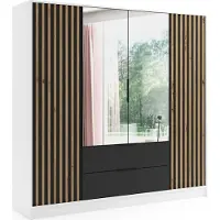 ALTDECOR Kleiderschrank NERA mit Spiegel und selbstschließenden Flügeltüren mit Lamel - 200 cm Weiß / Schwarz / Artisan