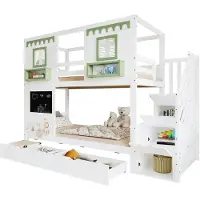 Xkiss Etagenbett, Kinderbett, Mit kleinem Lochbrett-Bereich + 5 mitgelieferten Holzhaken,2 Schubladen,Mit Treppenaufbewahrungs-Schrank,Kiefer+MDF+Sperrholz