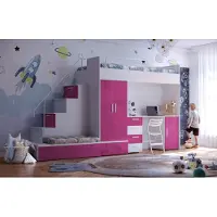 EURO-MEBLE Etagenbett FELIX 4S – Hochglanz oder Matt – Kinderbett, Hochbett, MIT Matratze und Lattenrost (Weiß + Rose, Glanz)