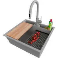 PrimaGran Unterbauspüle Granit Grau 56x54cm, Spülbecken 1 Becken + Ablauf-Set + Küchenzubehörset, Granitspüle ab 60er Unterschrank - Bergen Pocket