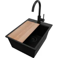 PrimaGran Granitspüle Alles Schwarz 38x50cm, Spülbecken 1 Becken + Küchenarmatur 32x20cm + Ablauf-Set + Schneidebrett, Küchenspüle ab 40er Unterschrank - Oslo