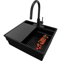 PrimaGran Granitspüle Alles Schwarz 58x53cm, Spülbecken 1 Becken + Ablauf-Set + Küchenzubehörset, Küchenspüle ab 60er Unterschrank - New York
