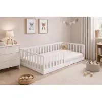 Baby-Delux Kinderbett Einzelbett 90x200 cm Weiß Montessori Bodenbett Jugendbett mit Rausfallschutz