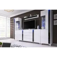 EURO-MEBLE Wandschrank Marco 5 Wohnzimmermöbel Set + Led (Weiss/Schwarz)