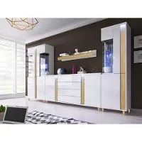 EURO-MEBLE Wandschrank Marco 6 Wohnzimmermöbel Set + Led (Weiss/Holz)
