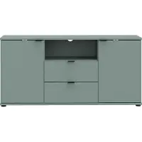 Forte GANYMEDE TV-Schrank 130, minimalistisches Lowboard, 2-türig, 2 Schubladen, offenes Fach, Holzwerkstoff, Wohnzimmer, Salbei, 129,8 cm breit x 63,1 cm hoch x 41,3 cm tief