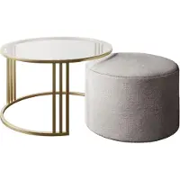 Lookway Couchtisch mit Hocker LORI GLASS gebürstetes Gold/transparentes Glas, Perfect Harmony 82