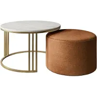 Lookway Couchtisch mit Hocker LORI MAT gebürstetes Gold/Marmor Levanto, Perfect Harmony 52