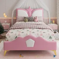 Great han Polsterbett 90x200 Rosa Weiß Kinderbett mit Kronen-Kopfteil Prinzessinbett aus Kunstleder Einzelbett für Mädchen stabiler Rahmen ohne Matratze
