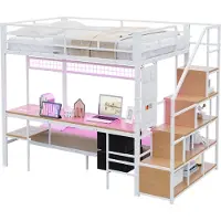 Xkiss Metall-Hochbett,Multifunktionsbett mit Schreibtisch,LED,Mit Steckdosen,offenem Stauraum und Stoffschubladen-Oberbett 140*200+Unterbett 90*200,Weiß