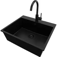 PrimaGran Granitspüle Alles Schwarz 58x50cm, Spülbecken 1 Becken + Küchenarmatur 32x20cm + Ablauf-Set, Küchenspüle ab 60er Unterschrank - Riga