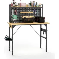 Great han Werkbank Natur/Schwarz 120x60x125,5–155,5 cm höhenverstellbar, bis 700 kg belastbar, mit Steckdosen, Rollen & Werkzeugwand