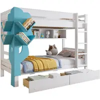 Xkiss Etagenbett, Kreatives Kinderbett, Bücherregal in Baumform, Offenes Regal, Zwei Schubladen mit Rollen, Mit Fallschutzgitter, Reichlich Stauraum