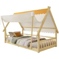 Xkiss Holzbetten,Kinderbett,Einzelbett,Exquisites Holzhausdesign,Das Zelt ist abnehmbar,Stabile Lattenroste,Mit Sicherheitsgeländer,Kiefer+Sperrholz,Natur