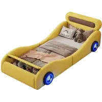 SOFTWEARY Autobett mit Lattenrost, Stauraum und leuchtenden Rädern, 90x200cm, Kinderbett, Rausfallschutz, Kunstleder