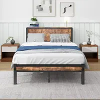 XTEILC Bettgestell mit Stauraum-Kopfteil und Metalluntergestell Eisenrahmenbett Jugendbetten Einzelbett 120x200cm Vintage Braun