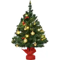 Fortuna Lai Weihnachtsbaum klein, Mini Christbaum mit Stechpalmenbeeren, Kugeln & LED-Lichtern, Tischdeko grün PVC 40 x 60 cm