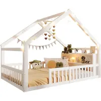 SOFTWEARY Hausbett mit Regal, Lattenrost und Rausfallschutz, 140x190 cm, Kinderbett, Jugendbett, Doppelbett, Kiefer