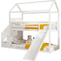Xkiss Kinderetagenbett 90*200cm, Hochbett(Weiss)mit Rutsche und Stauraumleiter, hohe Zaunkonstruktion, Massivholzbettrahmen, Lattenrost