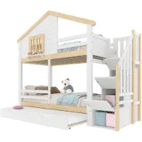 XTEILC Etagenbett, 90x200cm,kinderbetten, Bettgitter,Ausziehbares Bett, Stauraumleiter, Fenster, Hausleiste, Weiß + Natur