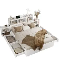 Xkiss 140*200cm Holzbett,Doppelbett,mit Lattenrost und Kopfteil,mit 2 ausziehbaren Nachttischen,mit Ablagefächern,mit Handyladefunktion und Schubladen