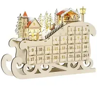 XTEILC Weihnachtskalender mit LED-Lichtern und 24 Schubladen Schlitten-Form Adventskalender Festliche Dekoration 45 x 10 x 31 cm