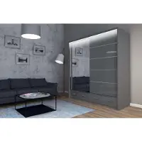 MOEBLO Original-Garderobe - Kleiderschrank mit schubladen Cylia LED 203 - Grau + Spiegel Hochglanz - Spiegelschrank mit Schiebetüren, geräumiger Kleiderschrank, Wohnzimmer, Flur