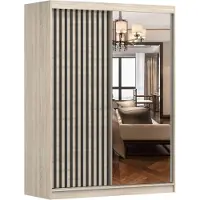 MOEBLO Kleiderschrank mit Lamellen und Spiegel Schwebetürenschrank 2-türig Schrank mit Einlegeböden und Kleiderstange Schiebtüren Schlafzimmer Wohnzimmerschrank 150x200x61 cm - LABI S1 (Sonoma, 150)
