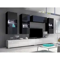 EURO-MEBLE Wohnwand CALABRINI-5 Wohnzimmer-Set Hängewohnwand Schrankwand mit LED-Beleuchtung TV-Schrank Vitrine Moderne Anbauwand Hochglanz (Schwarz + Weiß)