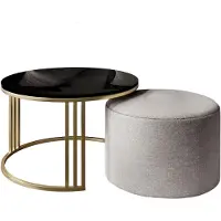 Lookway Couchtisch mit Hocker LORI Hochglanz Gold gebürstet/Schwarz glänzend, Perfect Harmony 82