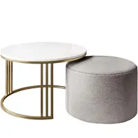 Lookway Couchtisch mit Hocker LORI Hochglanz Gold gebürstet/weißer Glanz, Perfect Harmony 82