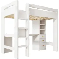 XTEILC Kinderbett Hochbett mit L-förmigem Schreibtisch, Regalen und Schubladen mit USB/Type-C Ladebereich, Jugend-Einzelbett mit Leiter und Holzlattenrost
