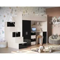 EURO-MOEBEL Etagenbett FELIX 4S, Hochglanz Kinderbett, Hochbett, OHNE Matratze und Lattenrost ( Kaschmir + Schwarz, Glanz)