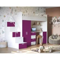 EURO-MEBLE Etagenbett FELIX 4S – Hochglanz oder Matt – Kinderbett, Hochbett, MIT Matratze und Lattenrost (Weiß + Violett, Glanz)