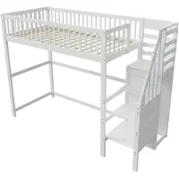Xkiss Hochbett 90x200 mit Treppe, weißes Kinderbett aus Holz mit Aufbewahrungsregal, einfacher Kleiderschrank