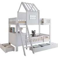 Xkiss Etagenbett, Kinderbett, Zwei Schubladen mit Rollen, Schönes Dach und Fenster, Mit Lesetisch und Ablagekorb, Kiefer + MDF + Sperrholz, Weiß