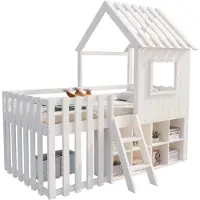 Xkiss Kinderbett Hausbett 90x200, mit Dach und Fenster, mit offenem Stauraum, mit Kletterleiter, Massivholz-Kinderetagenbett ohne Matratze, weiß